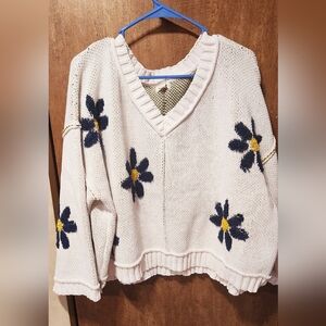 Soft Oversized Cream Knit Sweater with Embroidered Flowers